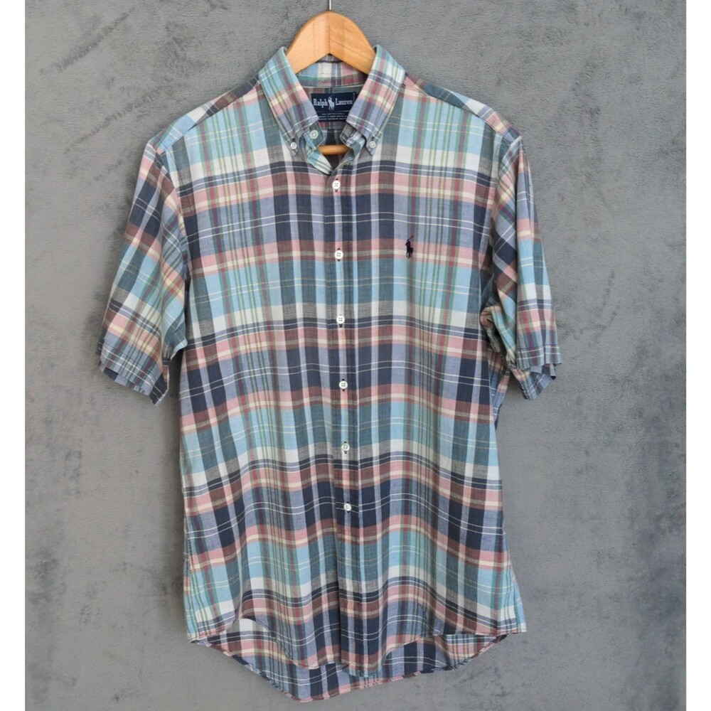 Vintage Ralph Lauren Button Up Shirt Sz M Madras Plaid Hand-Woven Short Sleeve